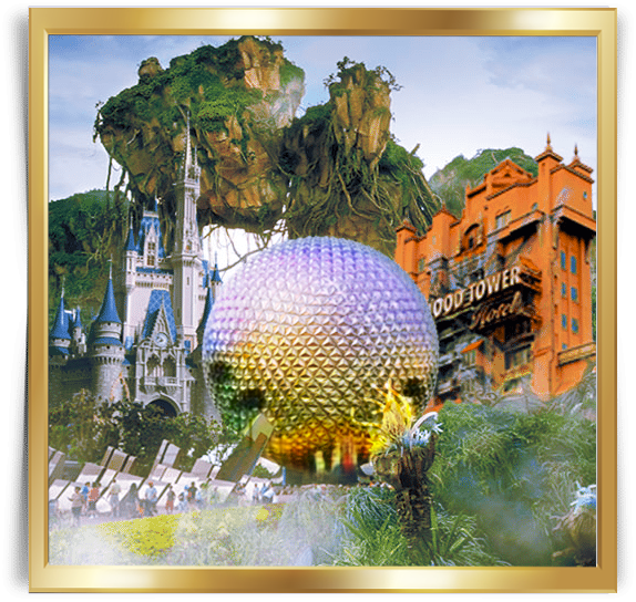 Collage of Disney Orlando's iconic attractions for VIP tours, featuring Cinderella's Castle, EPCOT, Pandora, and Tower of Terror